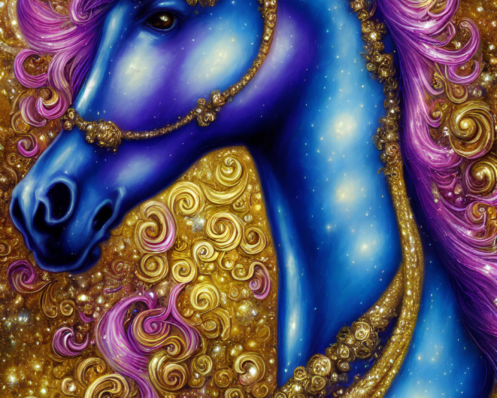 Celestial horse painting with blue star-speckled coat on golden background