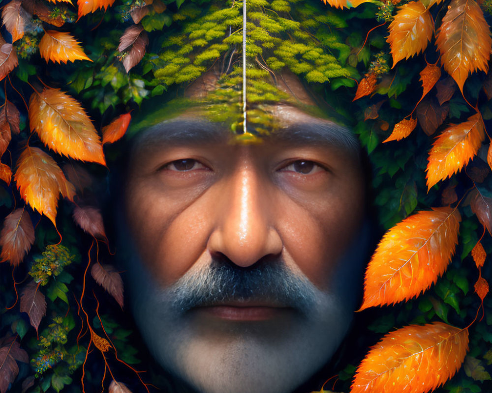 Man's face merges with nature: surreal portrait with leafy canopy and orange leaves.