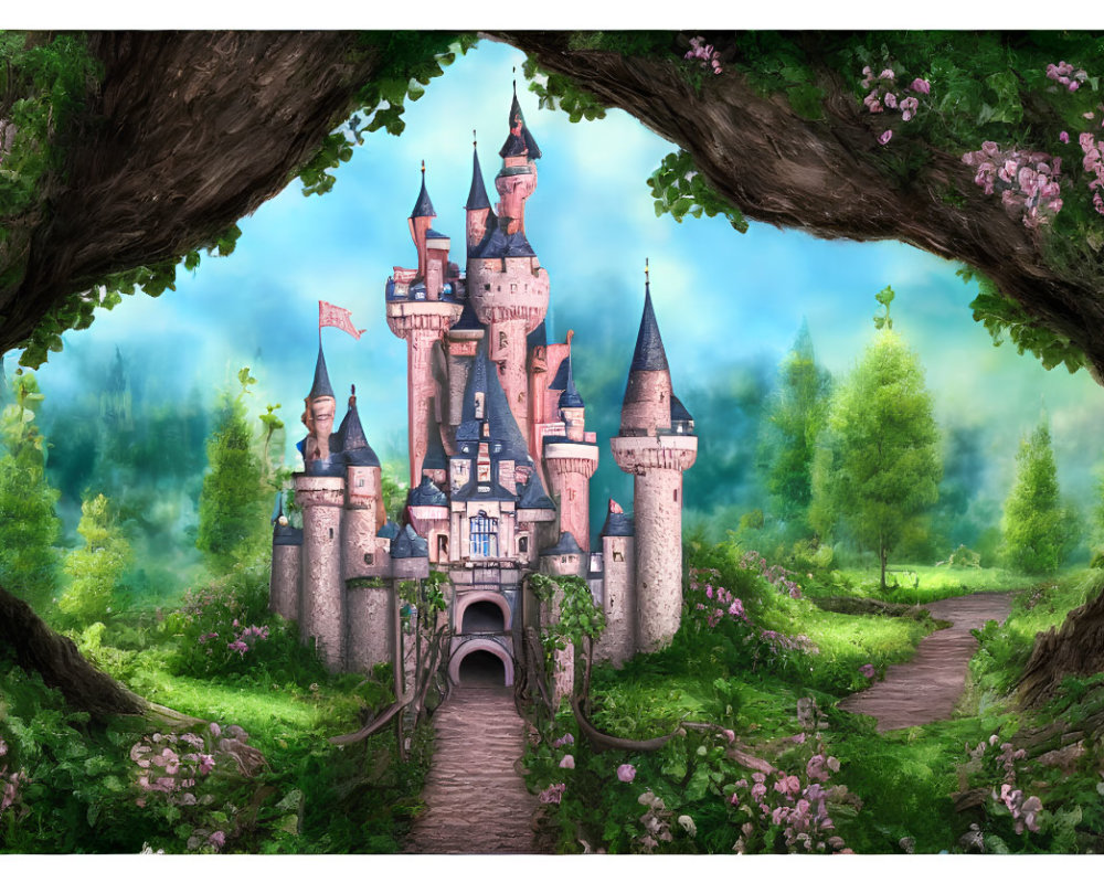 Whimsical castle with spires in lush forest clearing