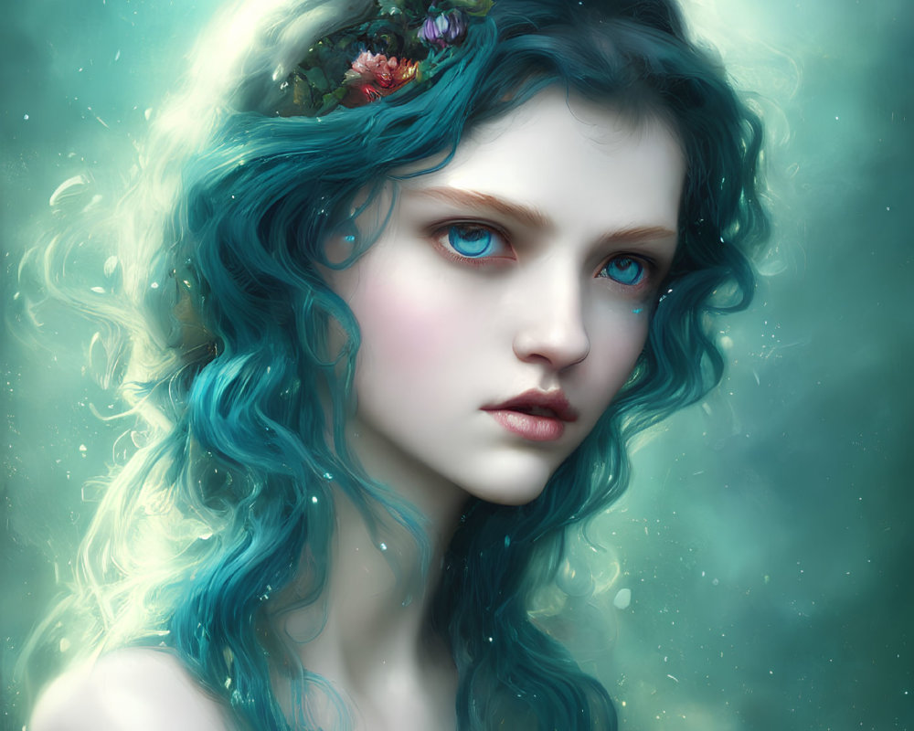 Portrait of young woman with blue wavy hair, fair skin, and floral accessory in misty setting