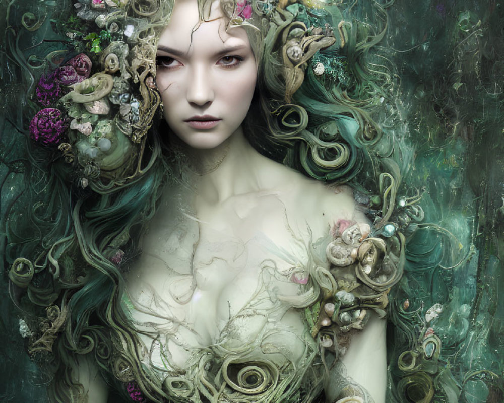 Fantastical portrait of woman with floral adornments in ethereal forest.