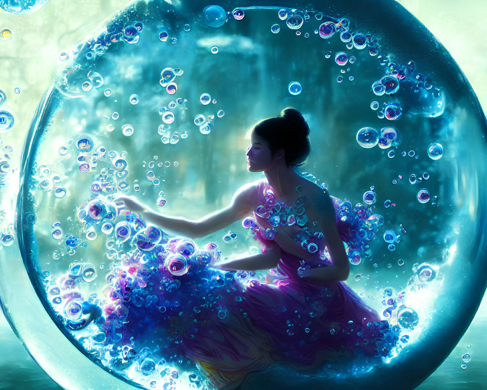 Woman in flowing dress surrounded by bubbles on blue backdrop