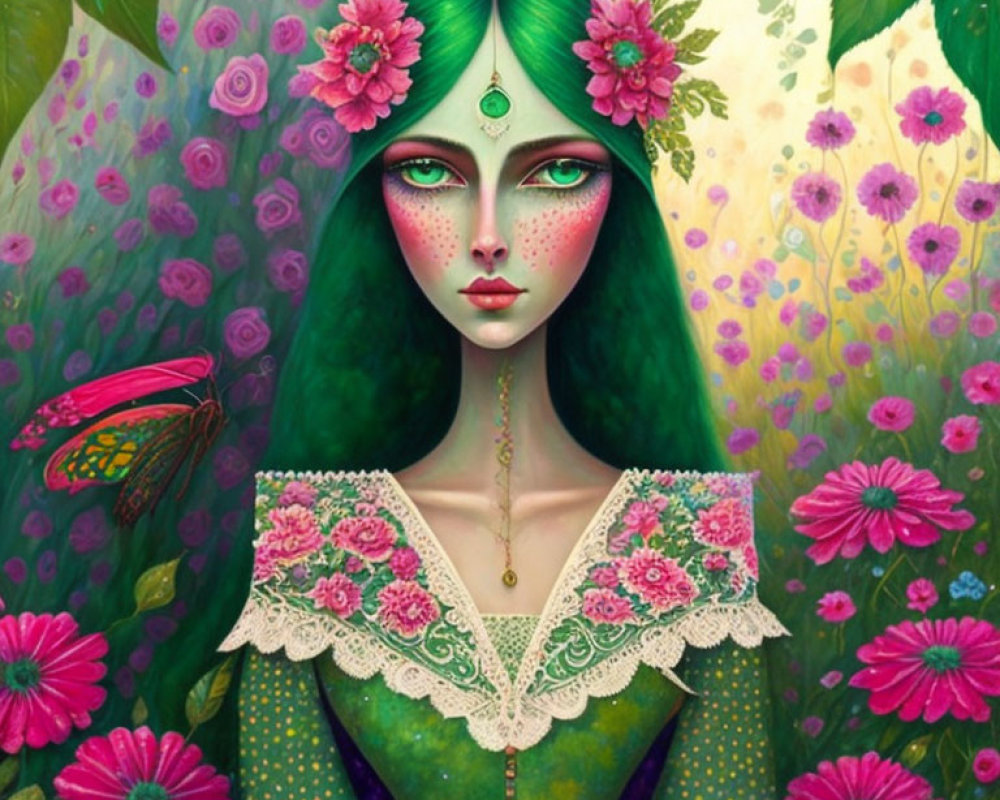 Colorful illustration of a green-skinned woman with floral decorations and butterfly