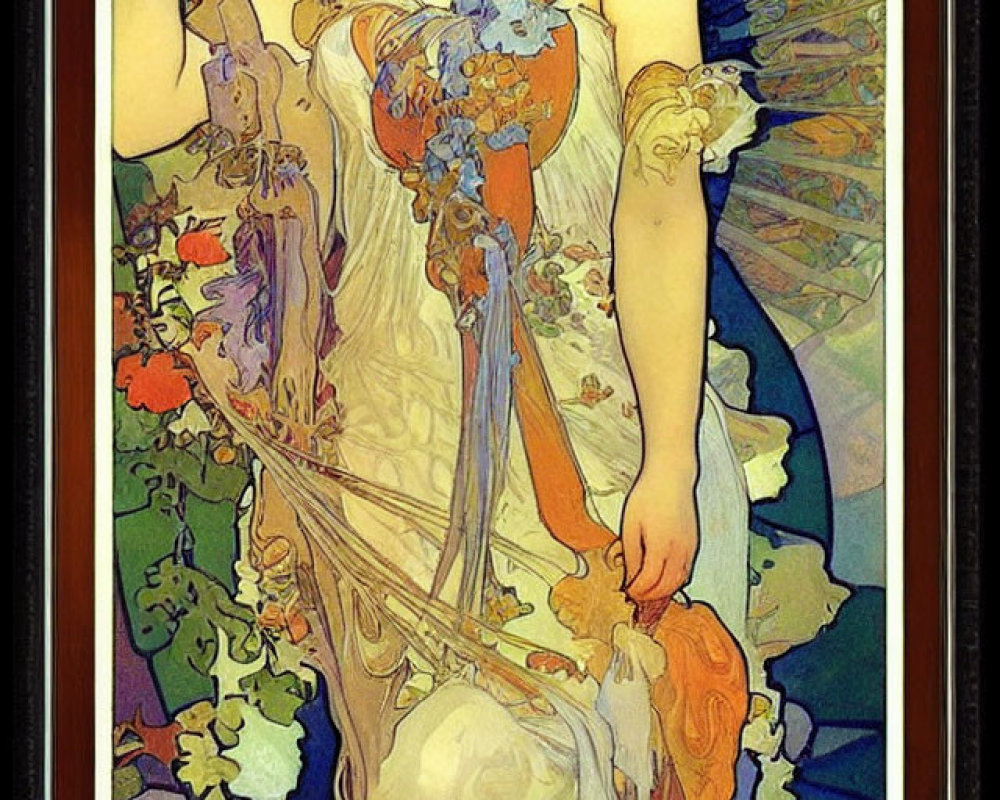 Woman in flowing gown with floral motifs in Art Nouveau style poster