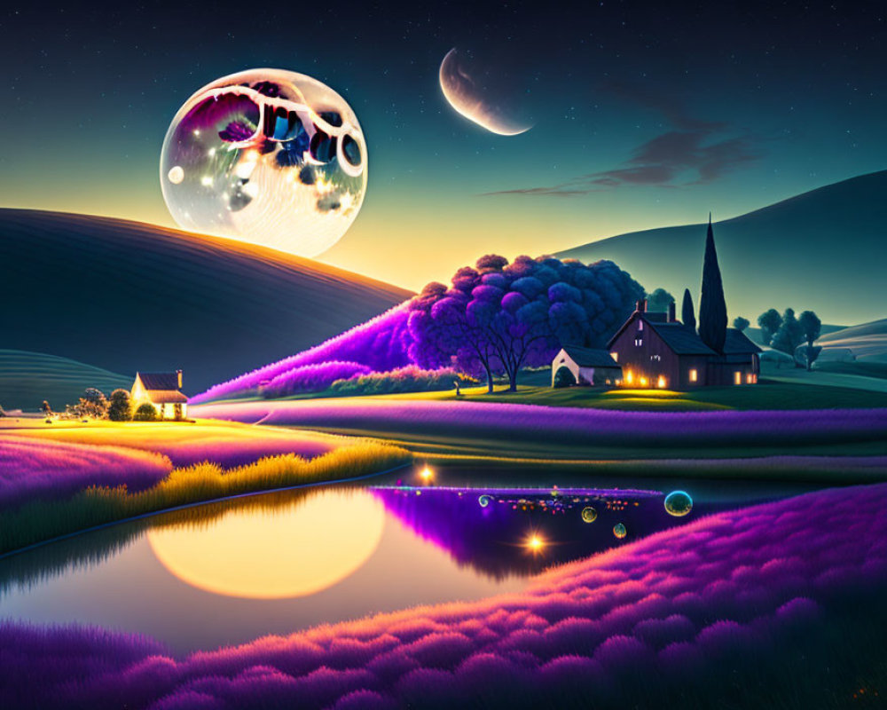 Twilight landscape with purple hills, reflective river, quaint house, surreal moon