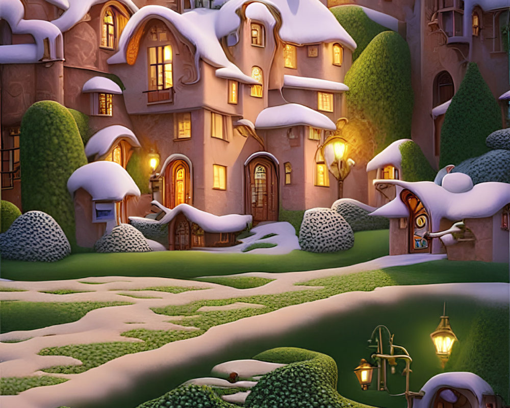 Snow-covered winter village with glowing windows and street lamps at dusk