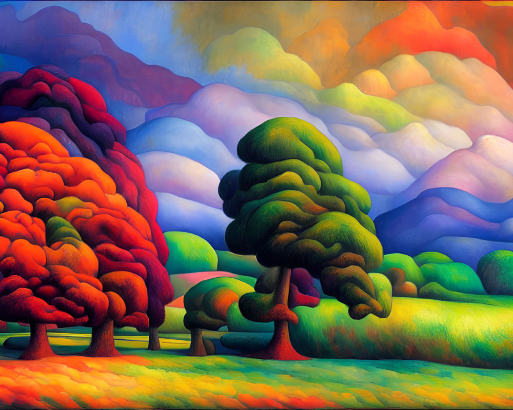 Colorful Stylized Landscape with Layered Hills and Whimsical Trees