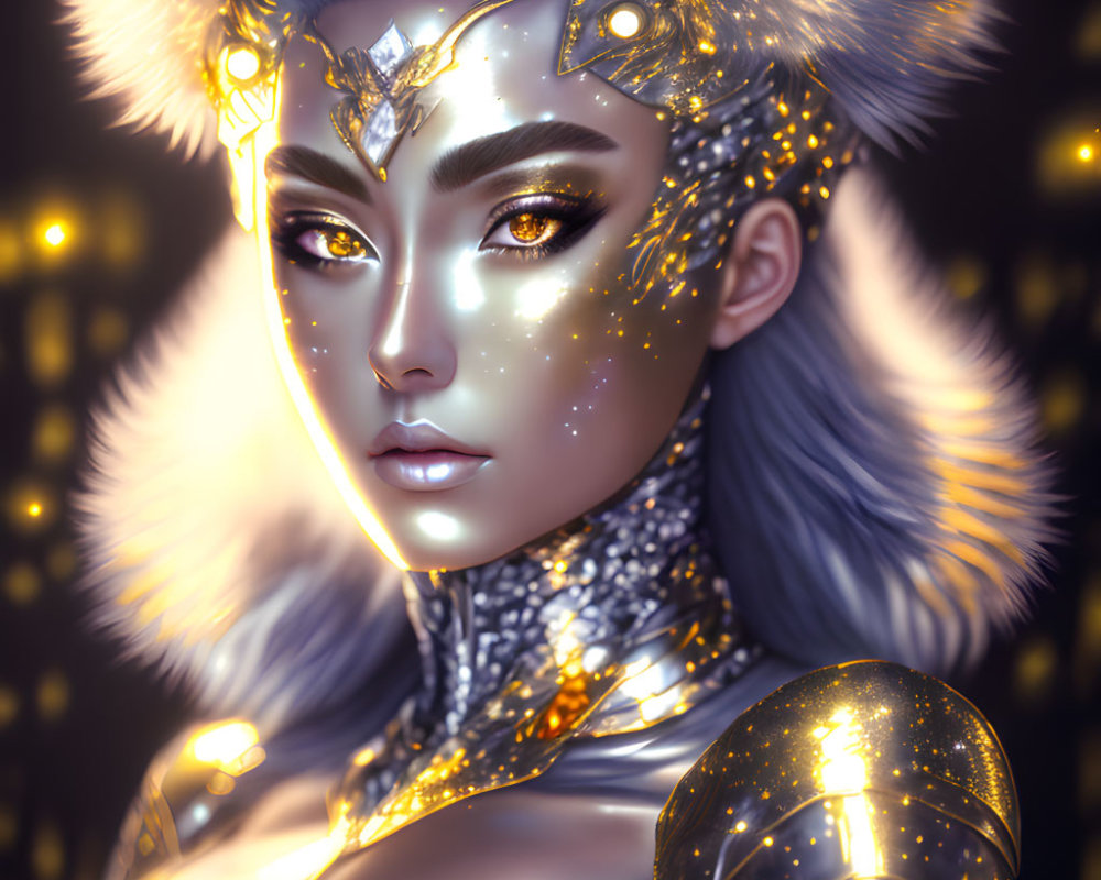 Digital artwork of female with glowing, starry skin in golden armor and crown, set against soft lights