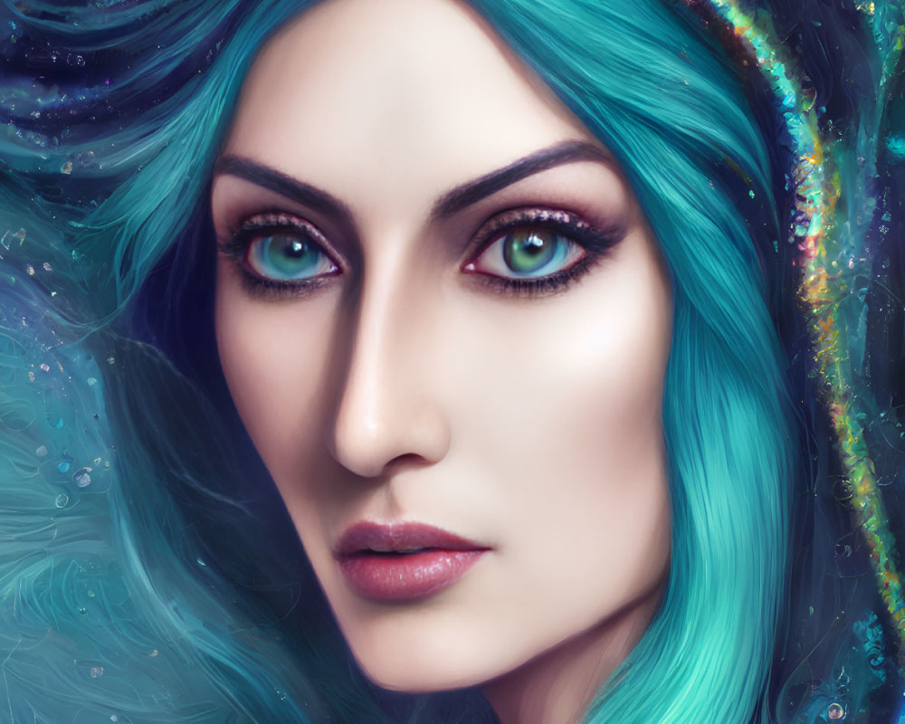 Digital portrait: Woman with turquoise hair & purple eyes in cosmic hood