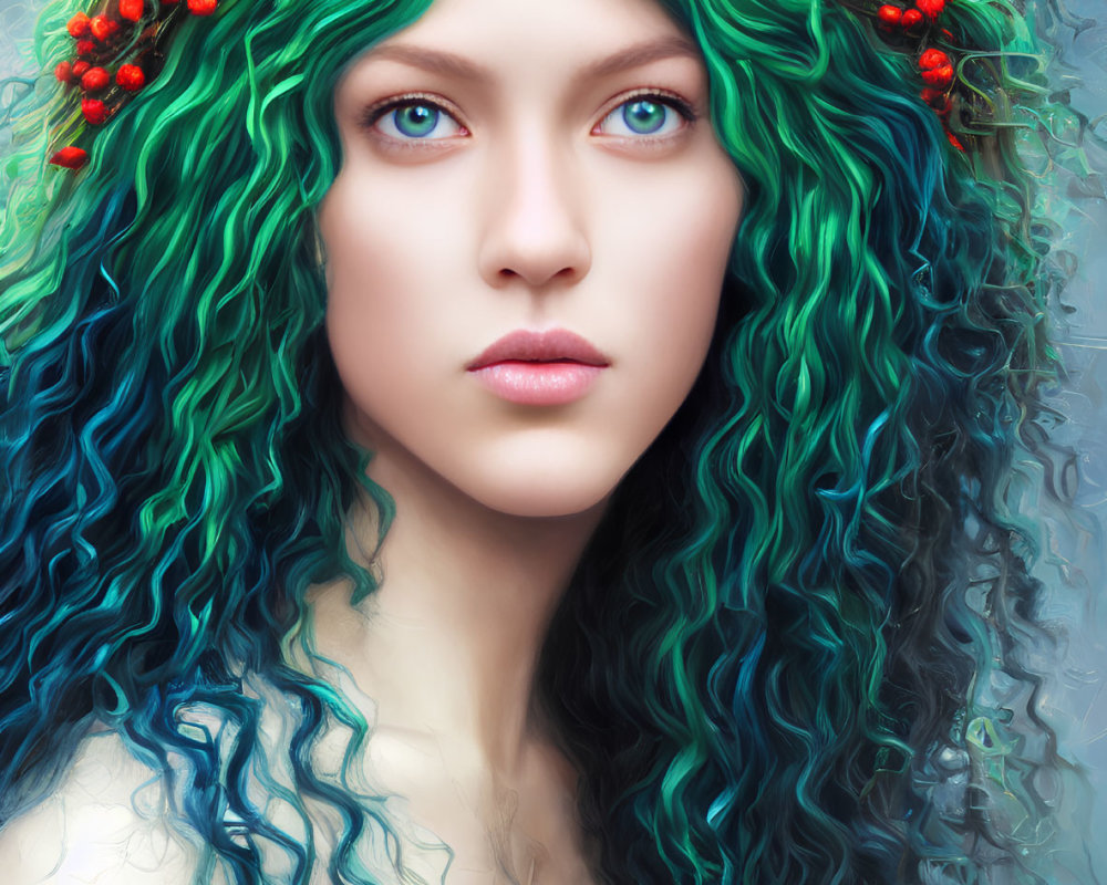 Woman with Piercing Blue Eyes and Turquoise Hair in Red Floral Crown