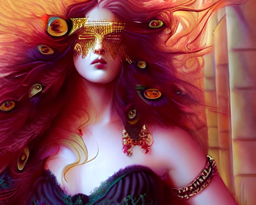 Colorful digital artwork of a woman with pink and purple hair, peacock feathers, and a golden