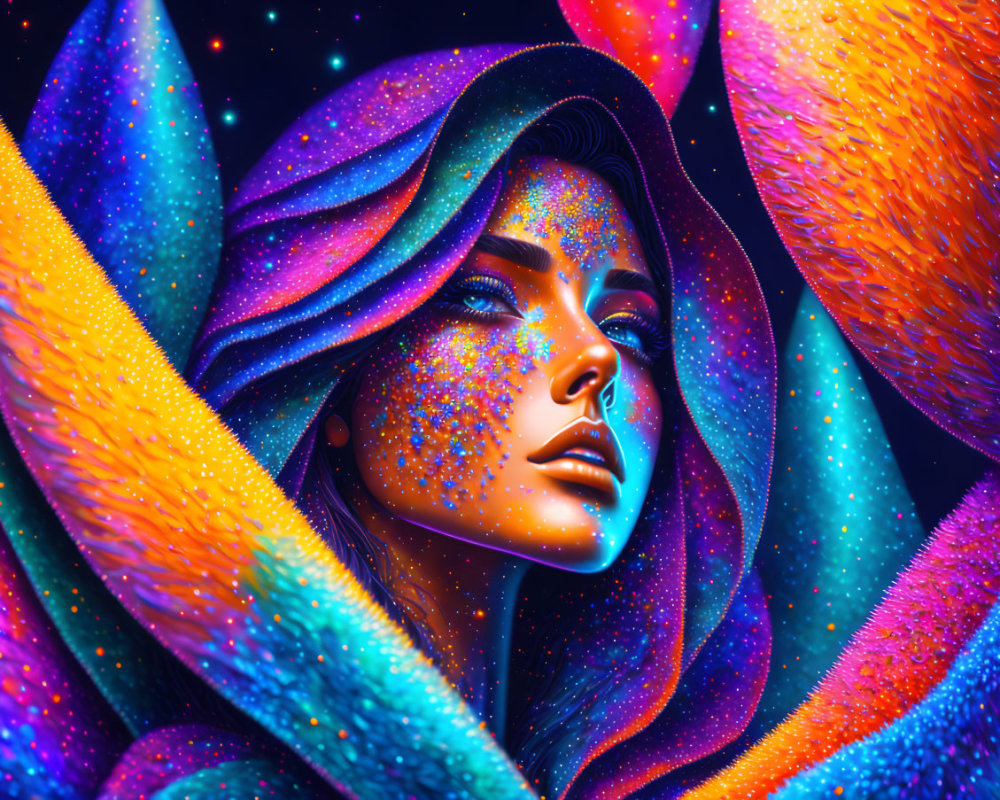 Colorful digital artwork of woman in cosmic setting