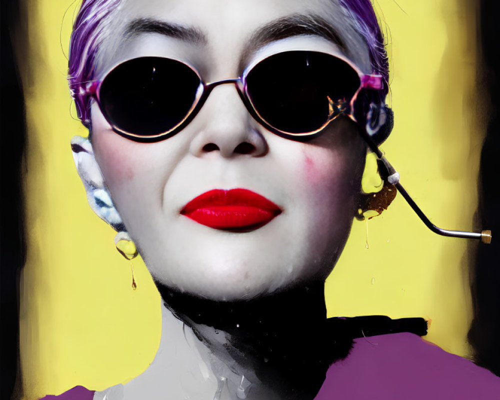 Stylized portrait of a person with purple hair and sunglasses