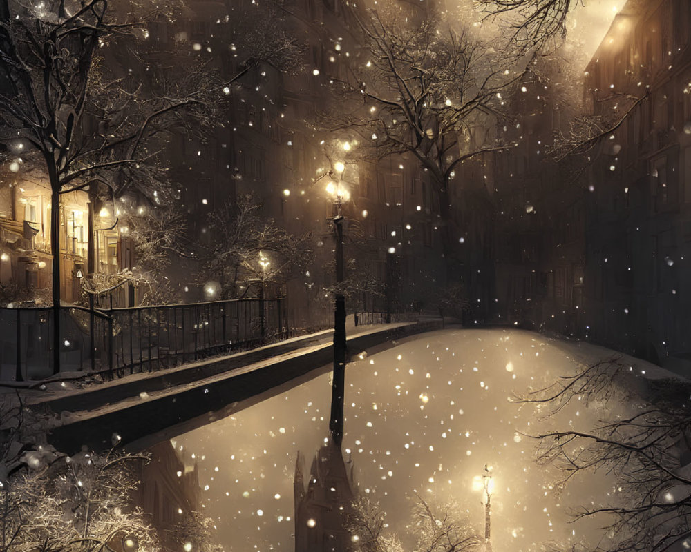 Snow-covered night street with lit lamps, bridge, and gothic building in snowfall.