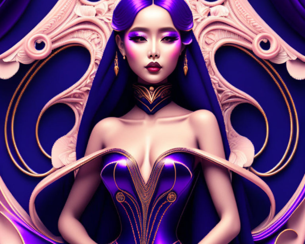 Digital artwork of woman with purple hair and ornate headdress on swirling purple and gold backdrop