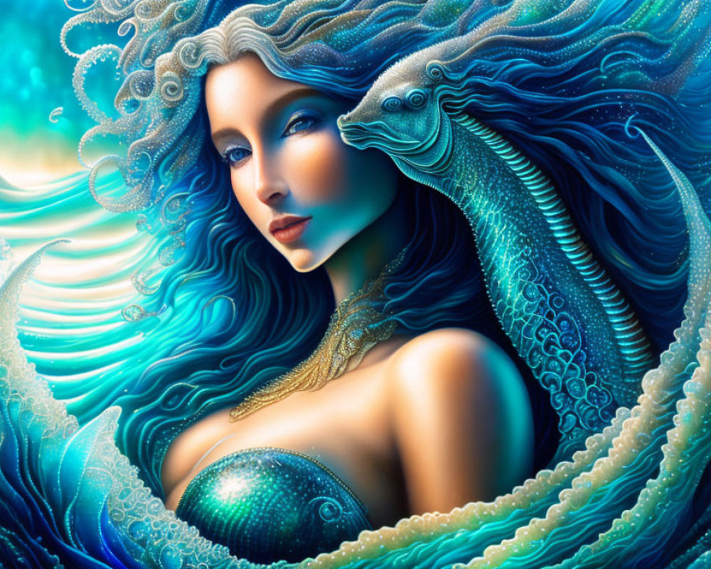 Mermaid with Blue Hair and Dolphin in Oceanic Theme