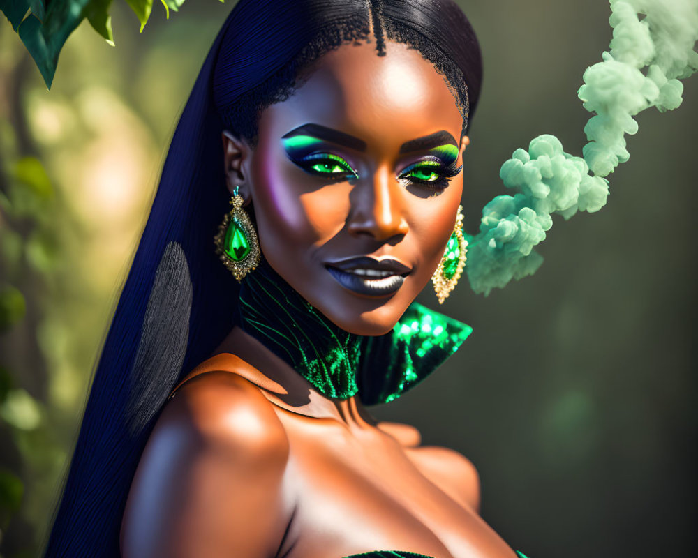 Vibrant digital artwork featuring woman with green eye makeup