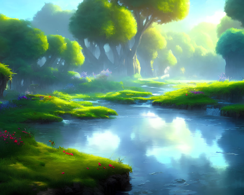 Tranquil landscape with river, green trees, and colorful flowers