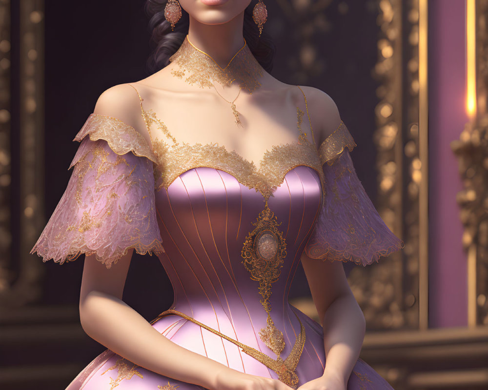 Victorian woman in pink dress with lace sleeves in ornate room