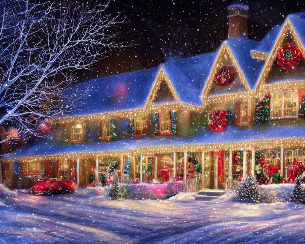 Snow-covered house with Christmas decorations under starry sky