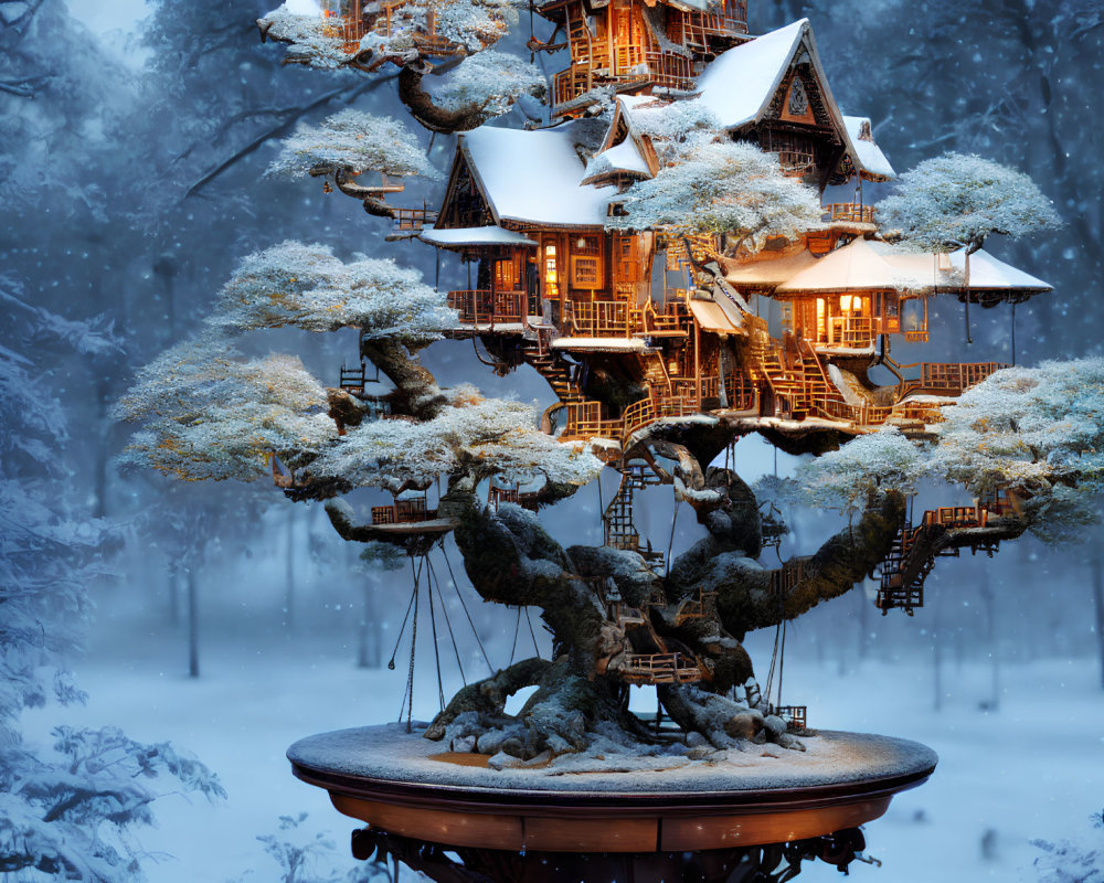 Elaborate miniature treehouse on bonsai tree in snowy forest