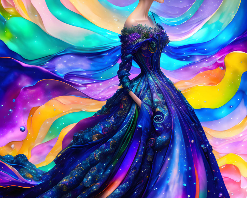 Woman in blue and purple dress with floral crown on cosmic background