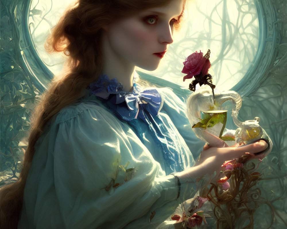 Victorian-era woman in blue dress with rose bottle and greenery portrait