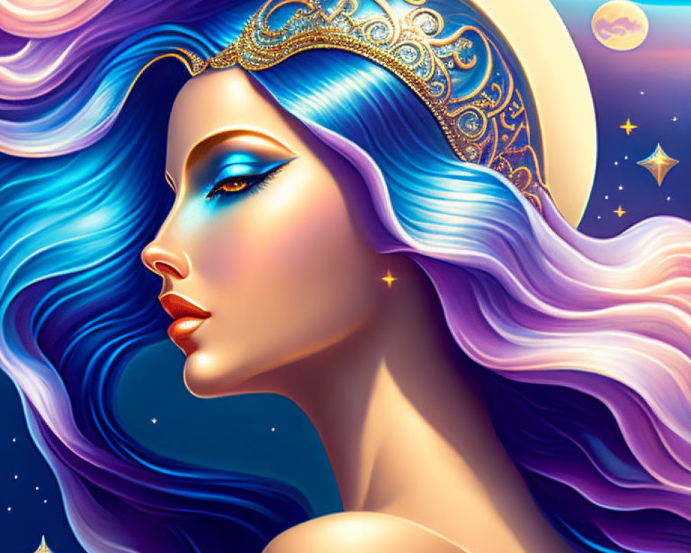 Stylized illustration of woman with blue hair in cosmic background.