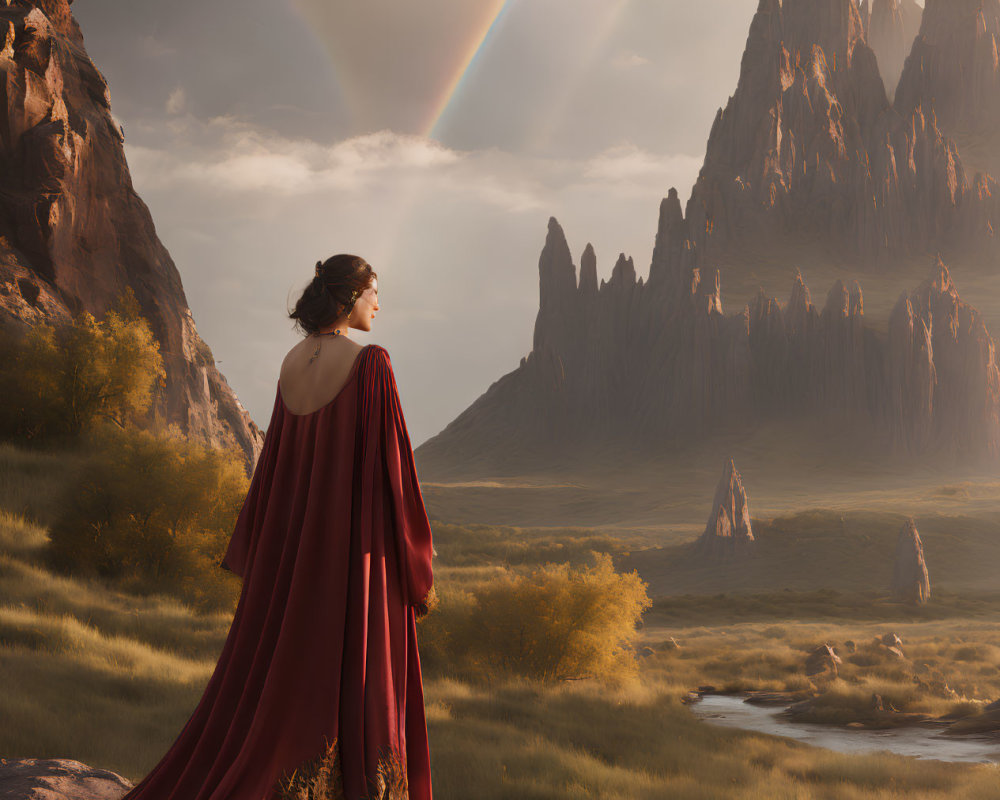 Woman in Red Cloak Gazes at Double Rainbow in Dramatic Landscape