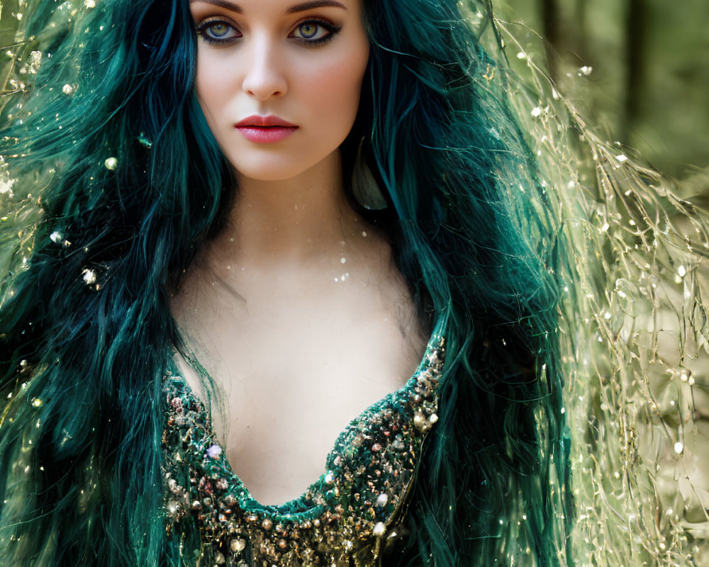 Blue-haired woman in sparkly green dress in woodland setting with compelling gaze