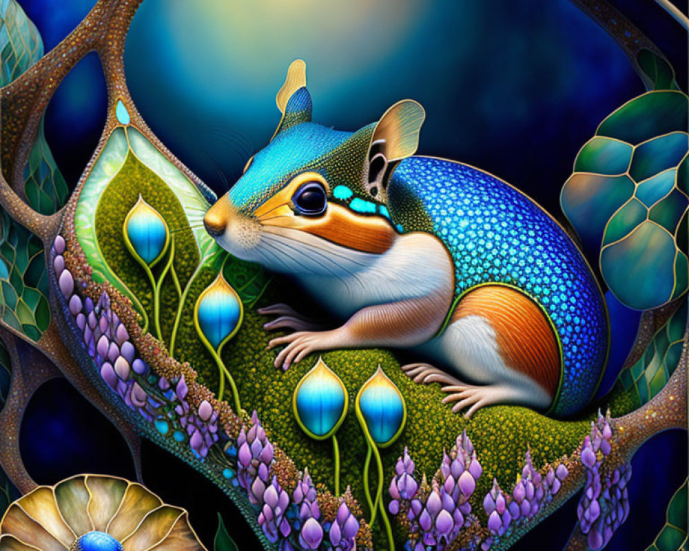 Colorful Fantasy Artwork: Vibrant Blue Squirrel in Luminous Botanical Setting