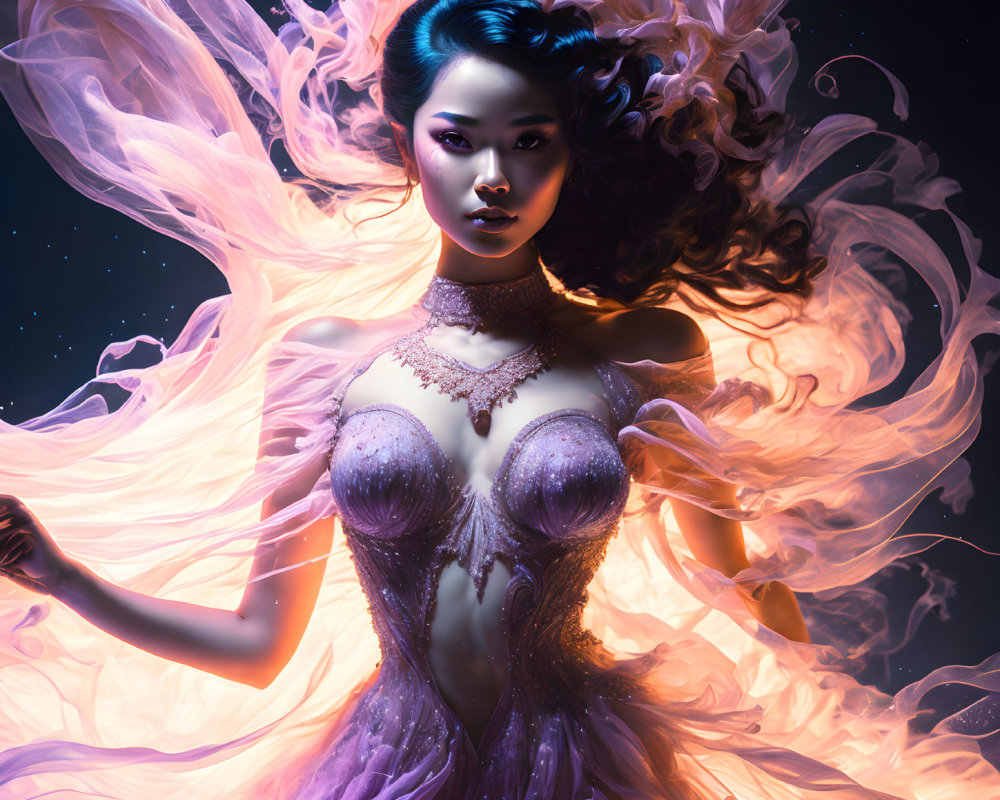 Elaborate Hairstyle and Purple Gown in Dynamic Artwork