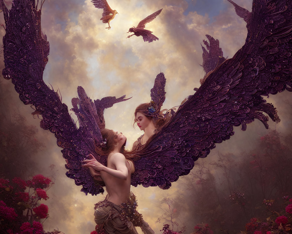 Ethereal figures with ornate wings embrace in mystical forest scene