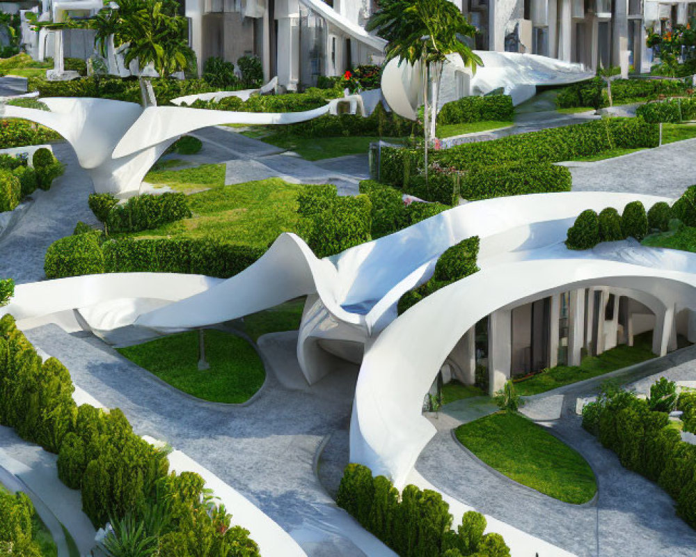 Modern residential complex with fluid architecture, white buildings, green roofs, landscaped gardens under blue sky