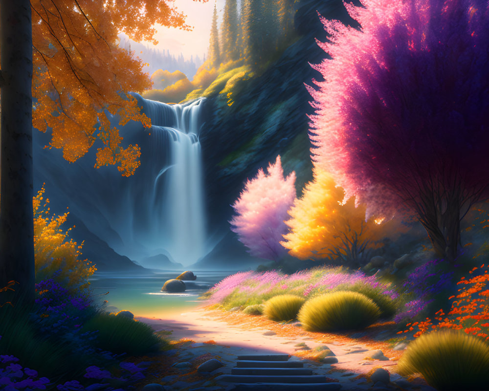 Colorful Autumn Forest with Waterfall and Magical Light