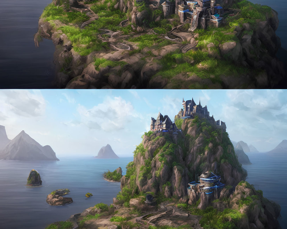 Coastal fantasy village illustrations on rocky islands with ocean views