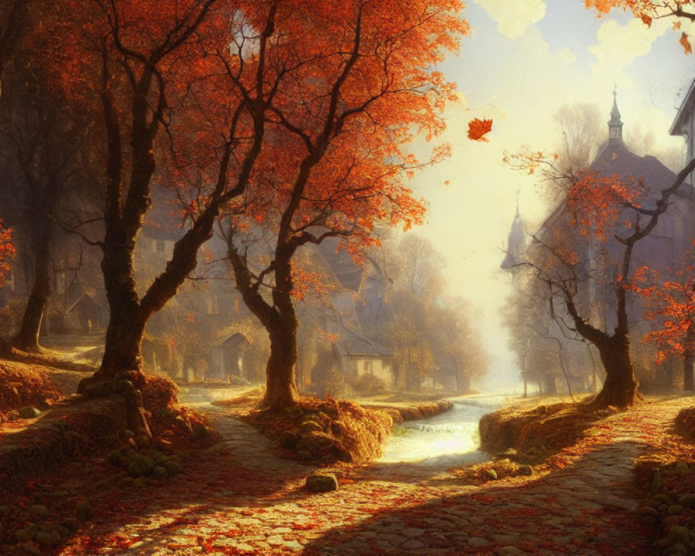 Autumnal scene with red-leafed trees by tranquil river & misty building