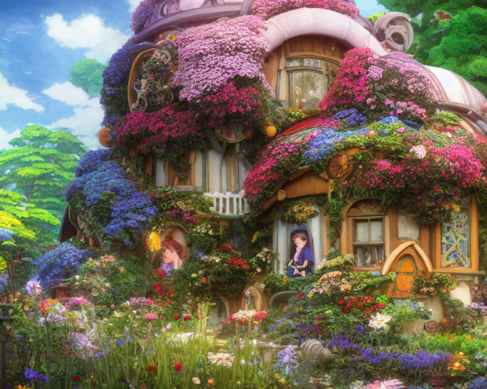 Colorful Flower-Adorned House with Cozy Round Windows