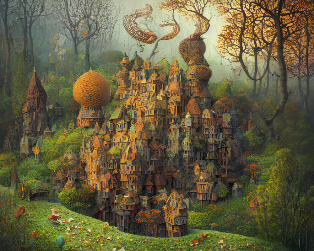 Fantastical Village with Whimsical Architecture in Autumnal Forest