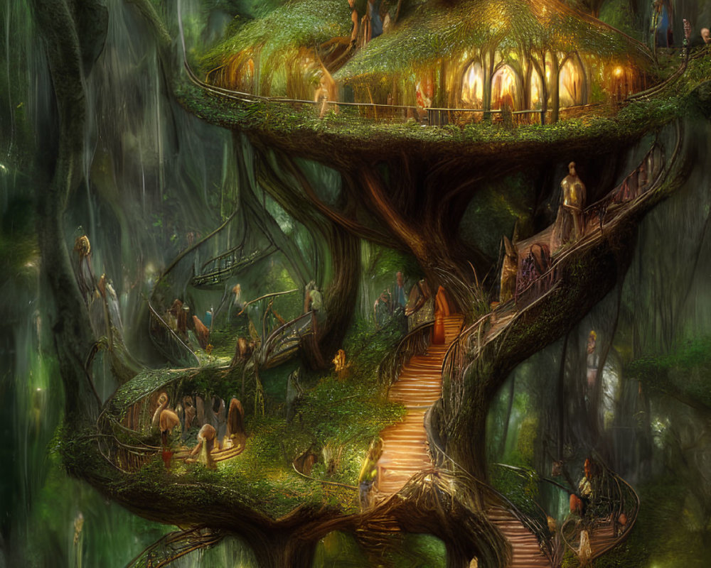 Enchanting forest scene with elaborate treehouse and winding staircases