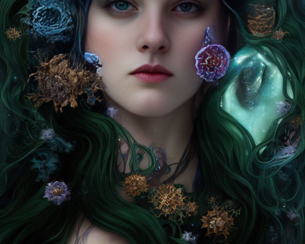 Artwork featuring two women with cosmic and floral elements in deep blue and green wavy hair.