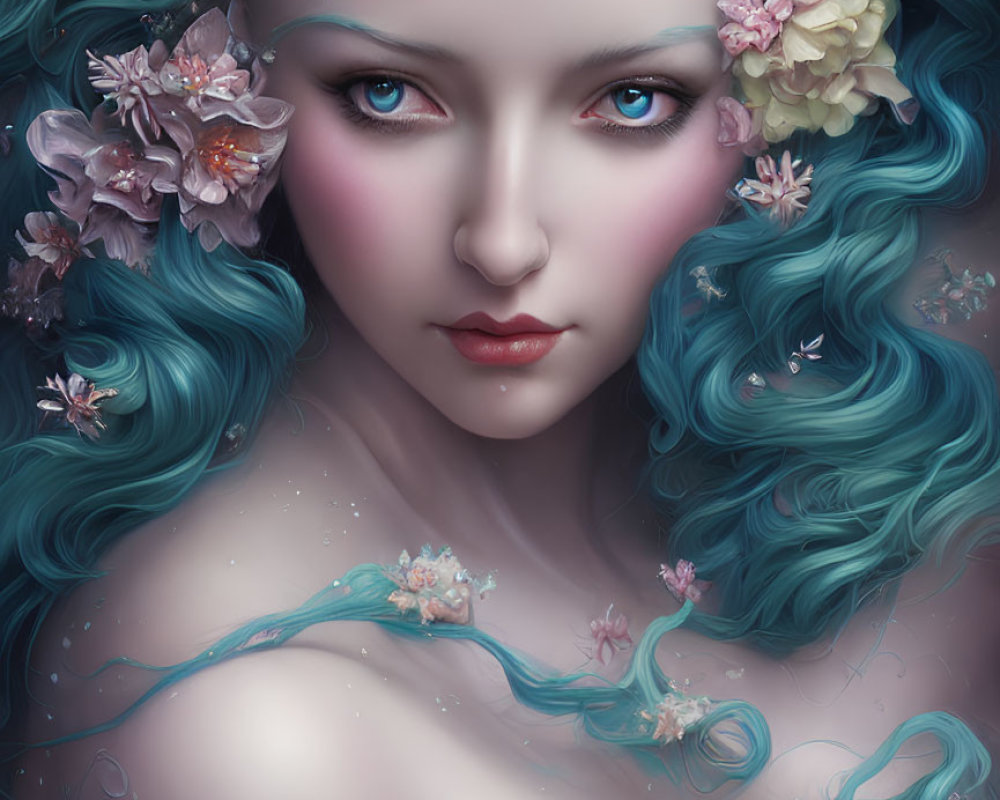 Vibrant Turquoise Hair Woman with Pale Flowers and Blue Eyes