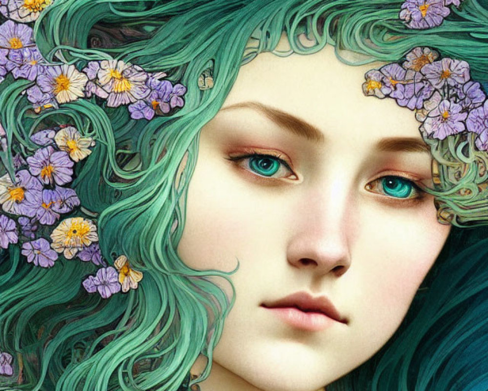 Digital artwork: Woman with teal wavy hair, purple and yellow flowers, sharp features, green eyes