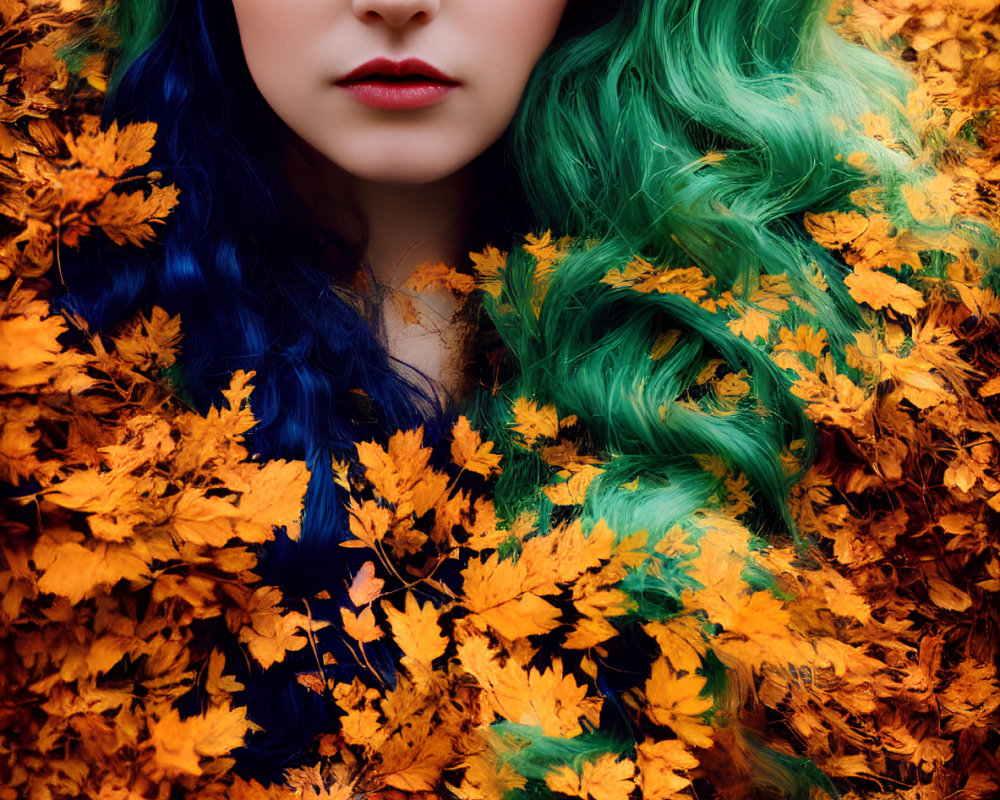 Person with Vibrant Blue-Green Hair Among Orange Autumn Leaves