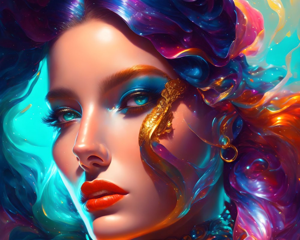 Vibrant multicolored hair & golden facial ornament in digital portrait