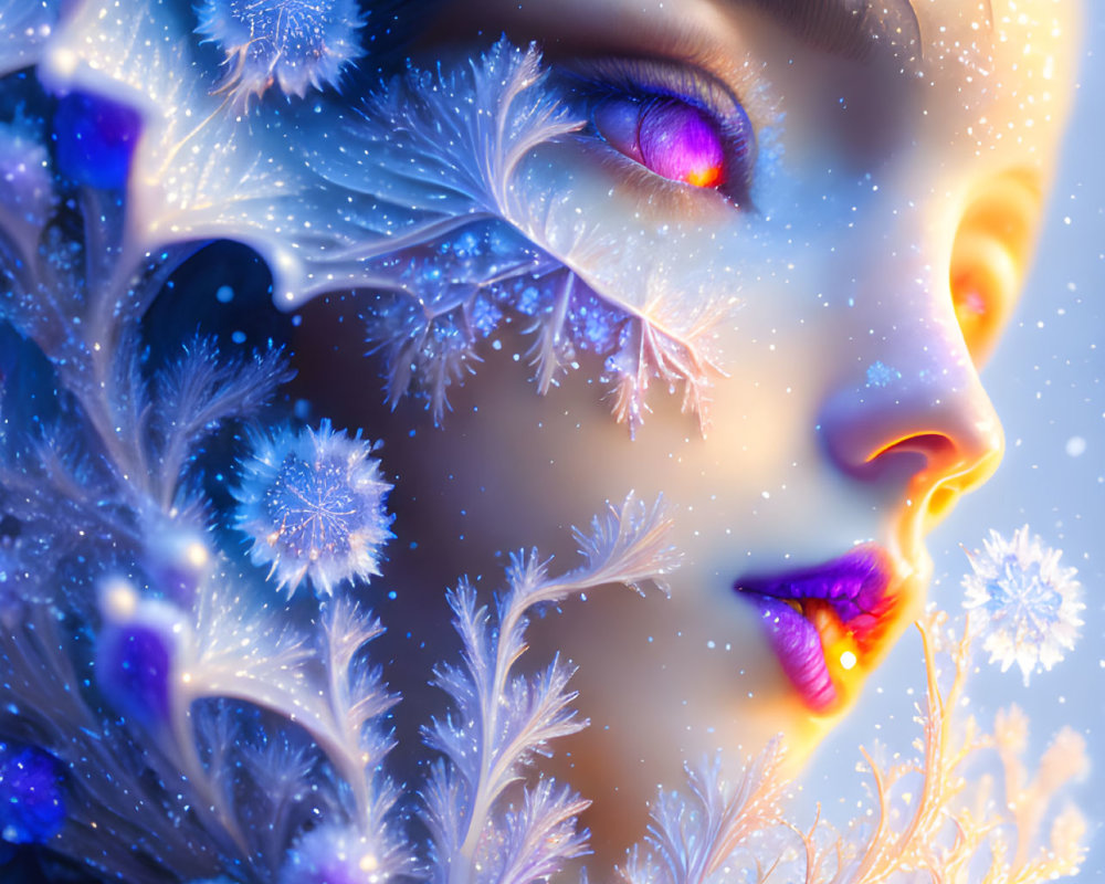 Person with Radiant Purple Eyes and Icy Crystal Patterns in Snowflakes