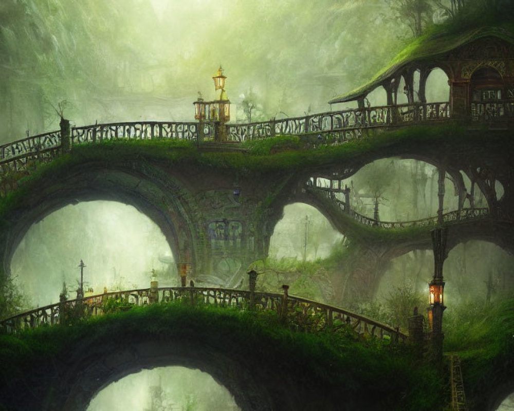 Enchanting forest scene with arched bridges, cottage, lanterns, and misty river