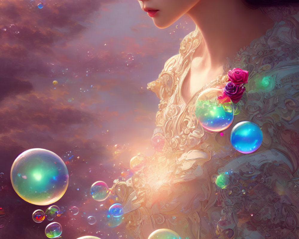 Dark-haired woman surrounded by flowers and bubbles in a dreamy setting