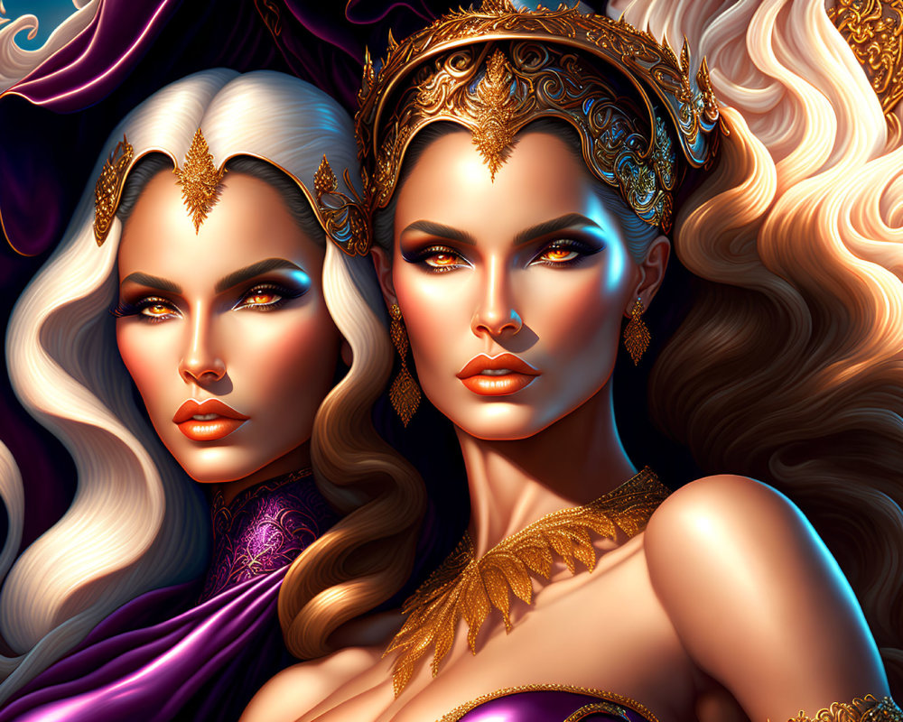 Fantasy digital artwork of two women with ornate crowns and jewelry