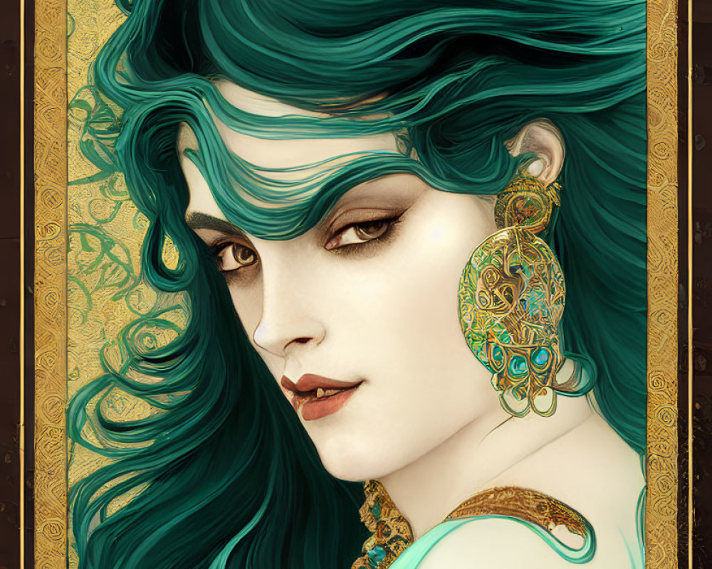 Art Nouveau style illustration of woman with green hair and ornate earring